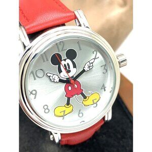 Disney Mickey Mouse Women's Watch Silver Tone Case 38mm Red Leather Band…